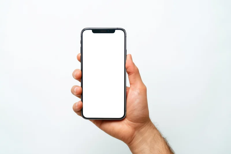 Hand holding a sleek modern smartphone with blank white screen against white background