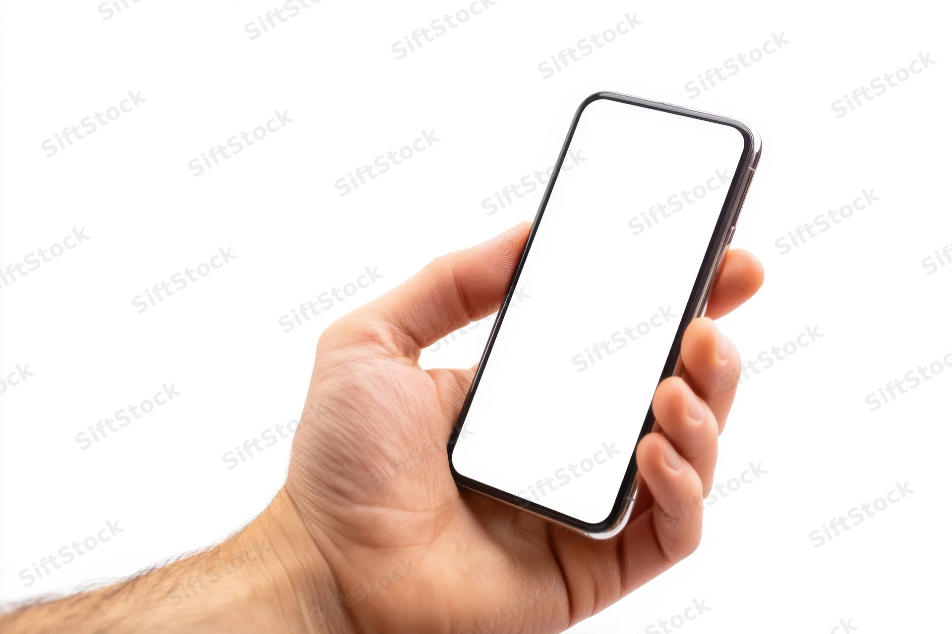 Hand holding a sleek modern smartphone with blank screen against white background