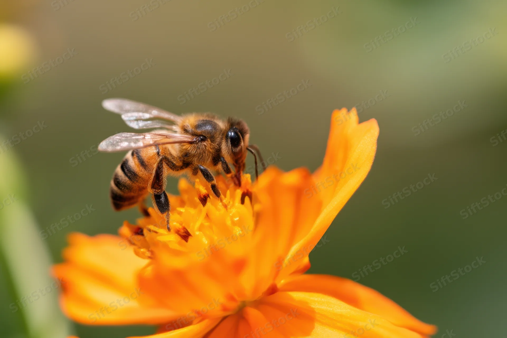 Honeybee collecting nectar from orange flower in garden