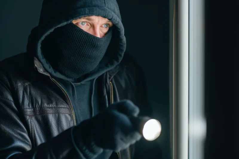 Hooded burglar with flashlight inspecting door in dark environment