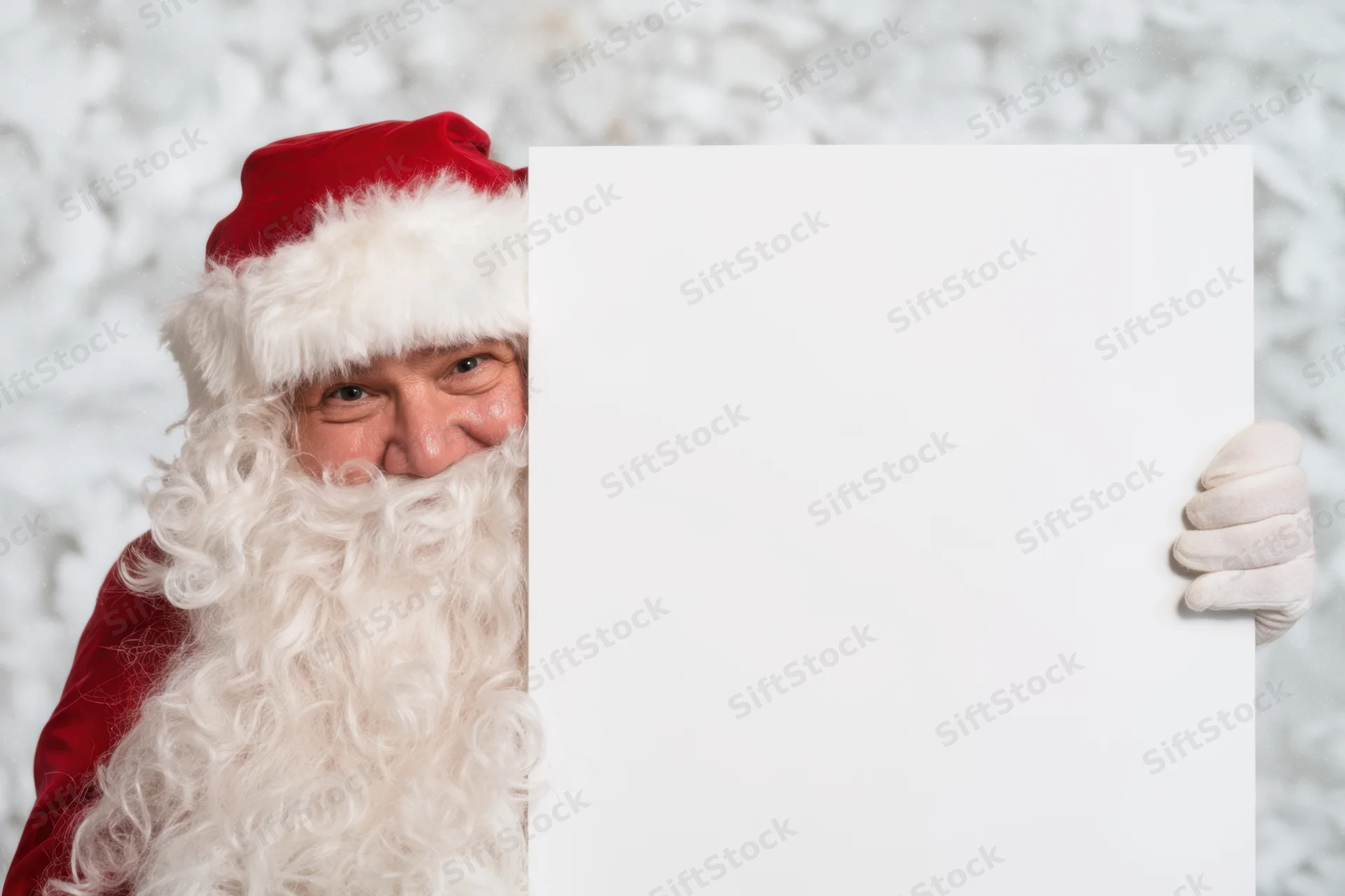 Santa claus holding blank white sign with copyspace for text, smiling behind it in snowy setting