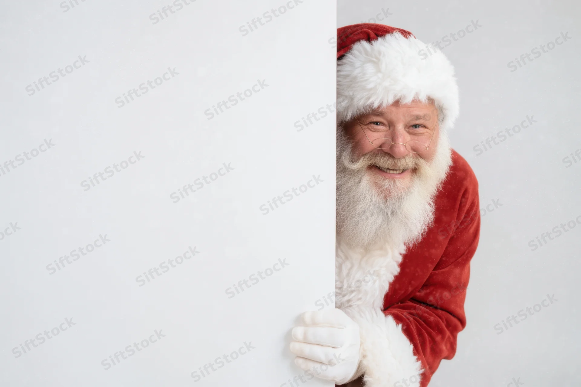 Santa peeking from behind a blank white board with copyspace
