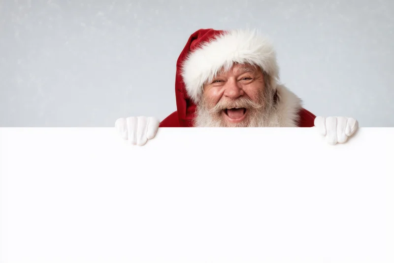Santa claus laughing while holding a blank white banner with copyspace