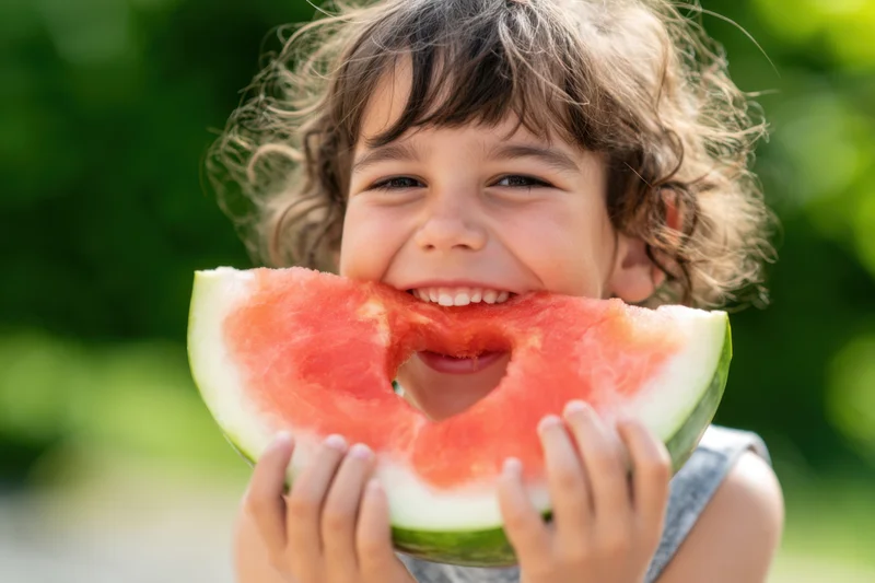 Child eating a large slice of watermelon outdoors in a garden setting