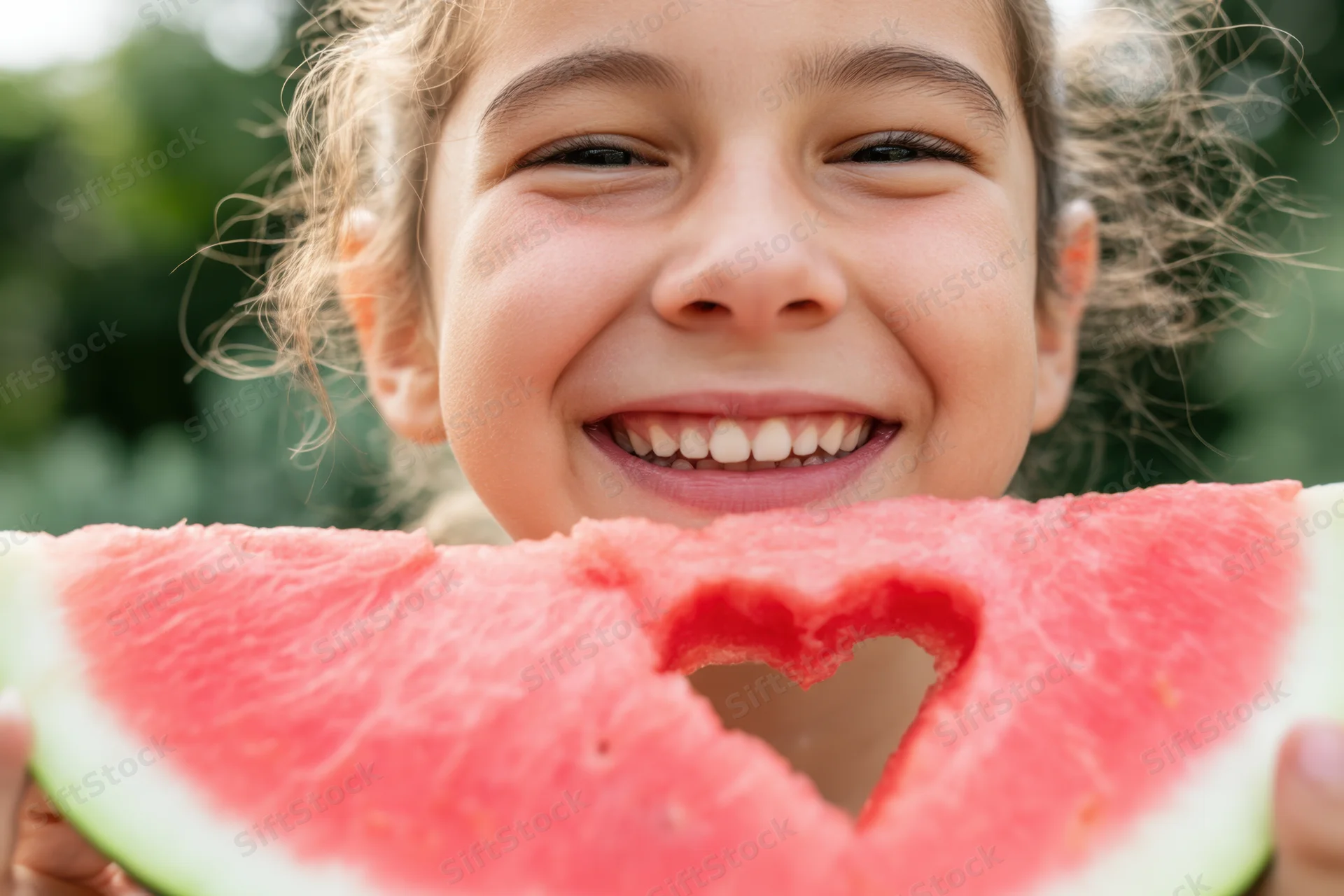 Smiling child holding watermelon slice with heart-shaped bite outdoors