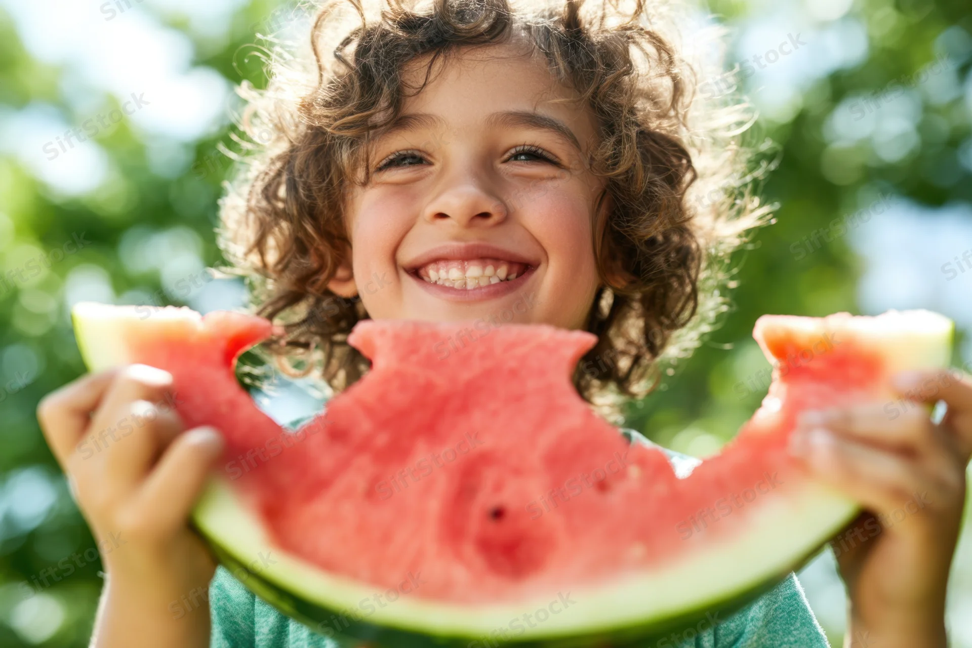 Smiling child holding a large slice of watermelon outdoors in summer garden