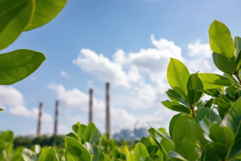 Green leaves in foreground with industrial smokestacks in background under blue sky