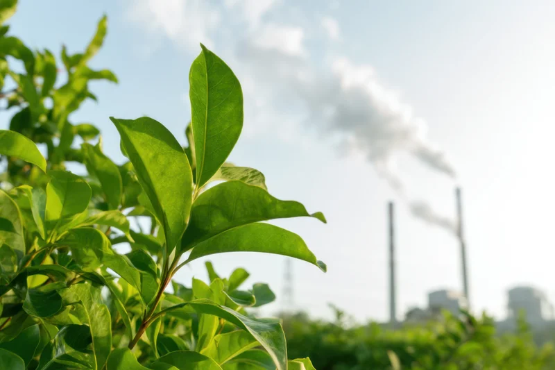 Green leaves in foreground with industrial smokestacks emitting smoke in background