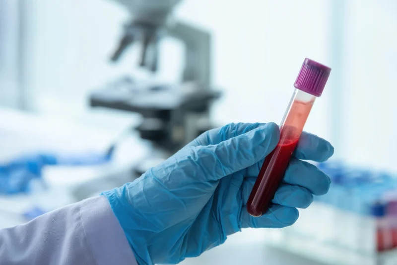 Gloved hand holding a blood-filled test tube in a laboratory setting