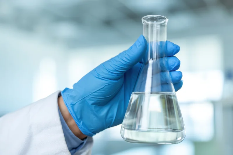 Scientist holding a conical flask with clear liquid in a laboratory setting