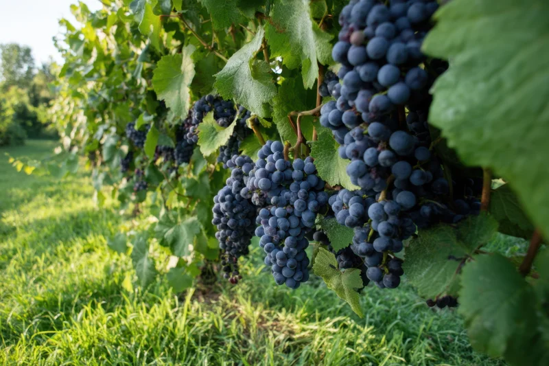 Ripe dark purple grape clusters hanging on vines in a lush green vineyard field