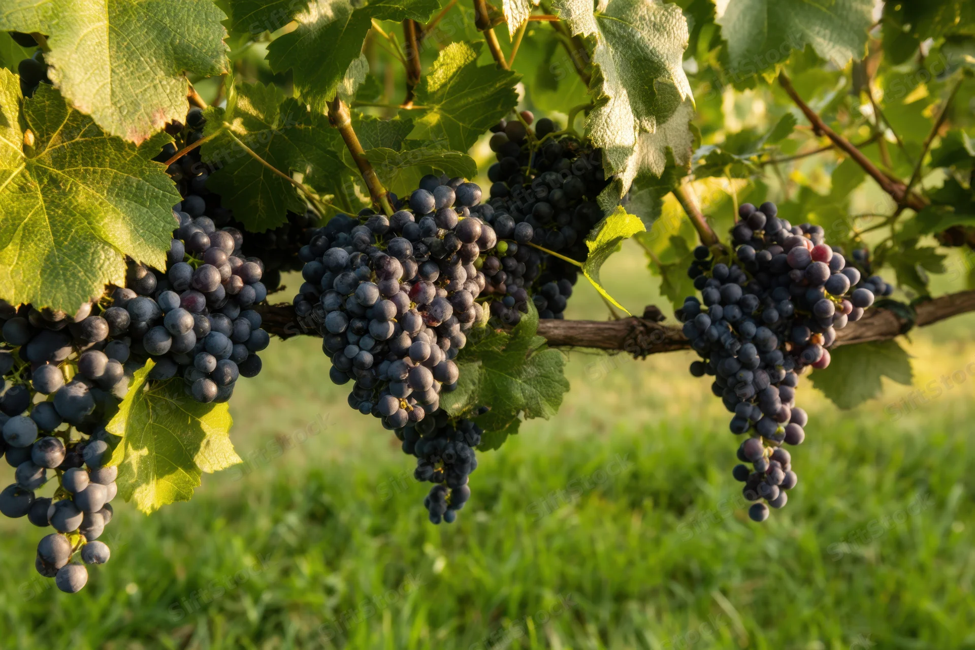 Ripe dark purple grape clusters hanging from a vine in a lush vineyard field