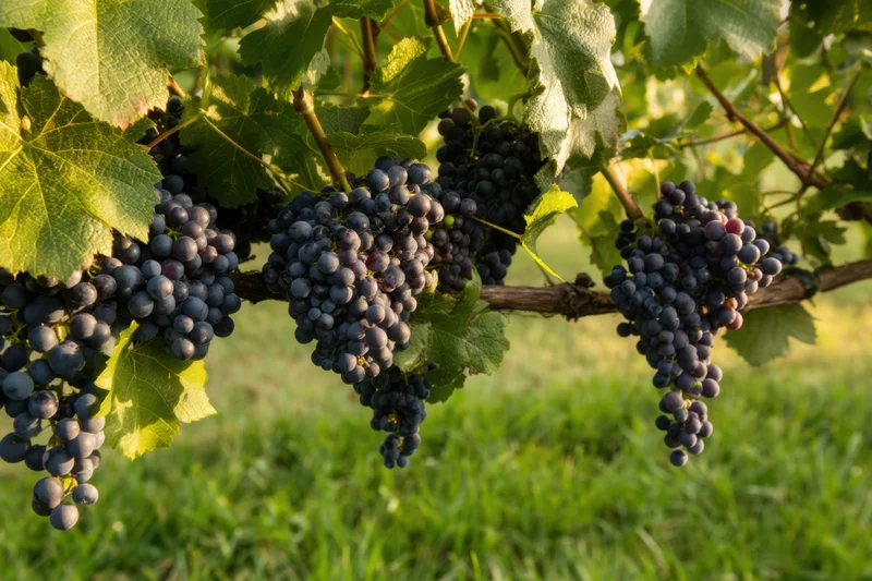 Ripe dark purple grape clusters hanging from a vine in a lush vineyard field