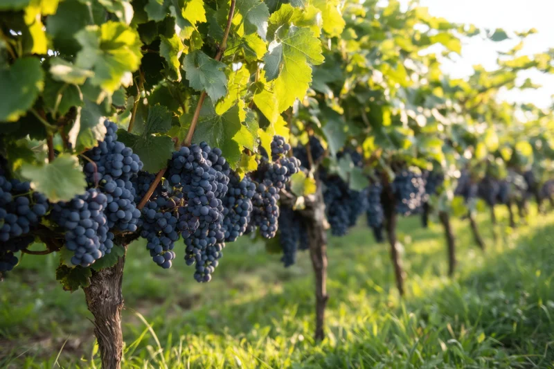 Ripe dark purple grapes hanging in clusters on grapevines in a vineyard field
