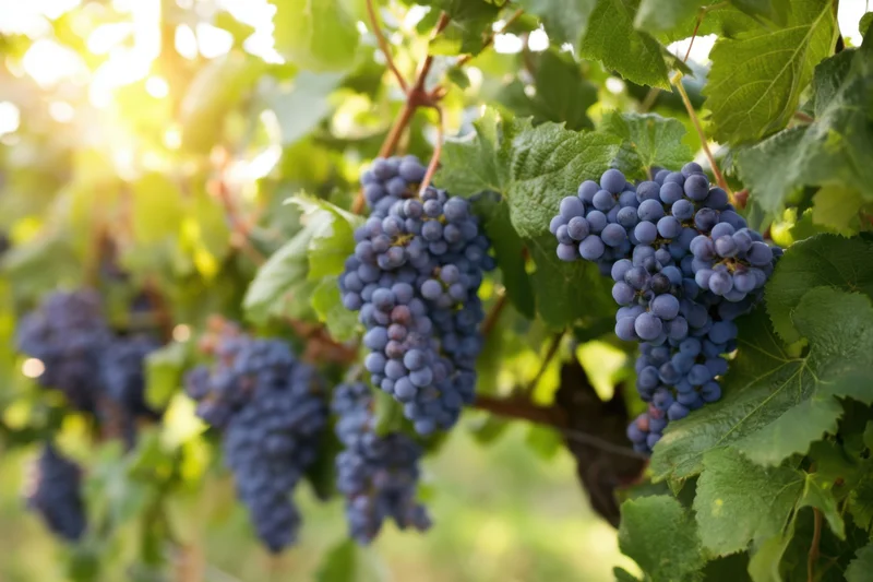 Clusters of ripe deep purple grapes hanging on a vine in a sunlit vineyard