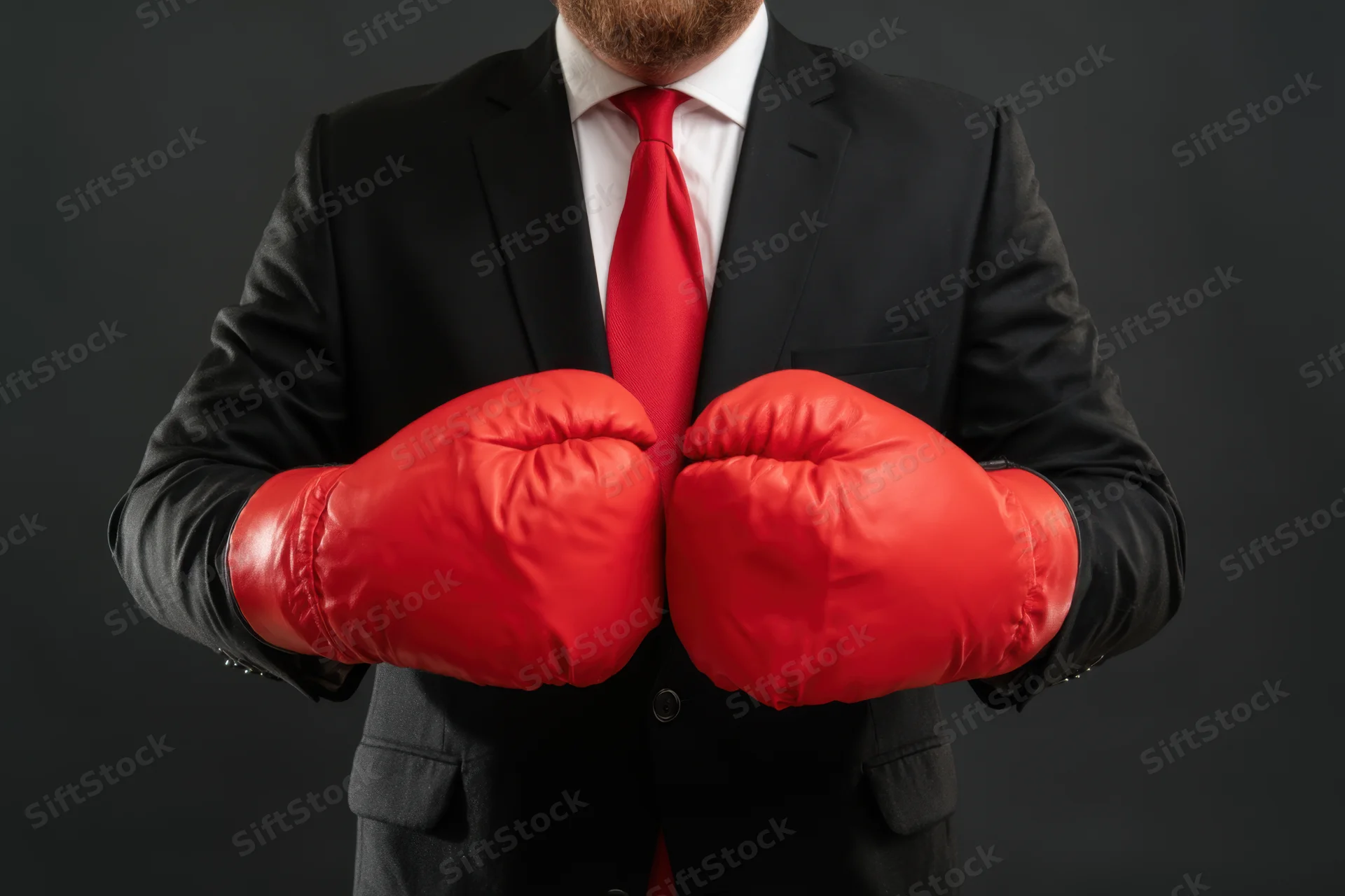 Businessman in black suit and red tie wearing red boxing gloves, hands raised in front of chest against dark background