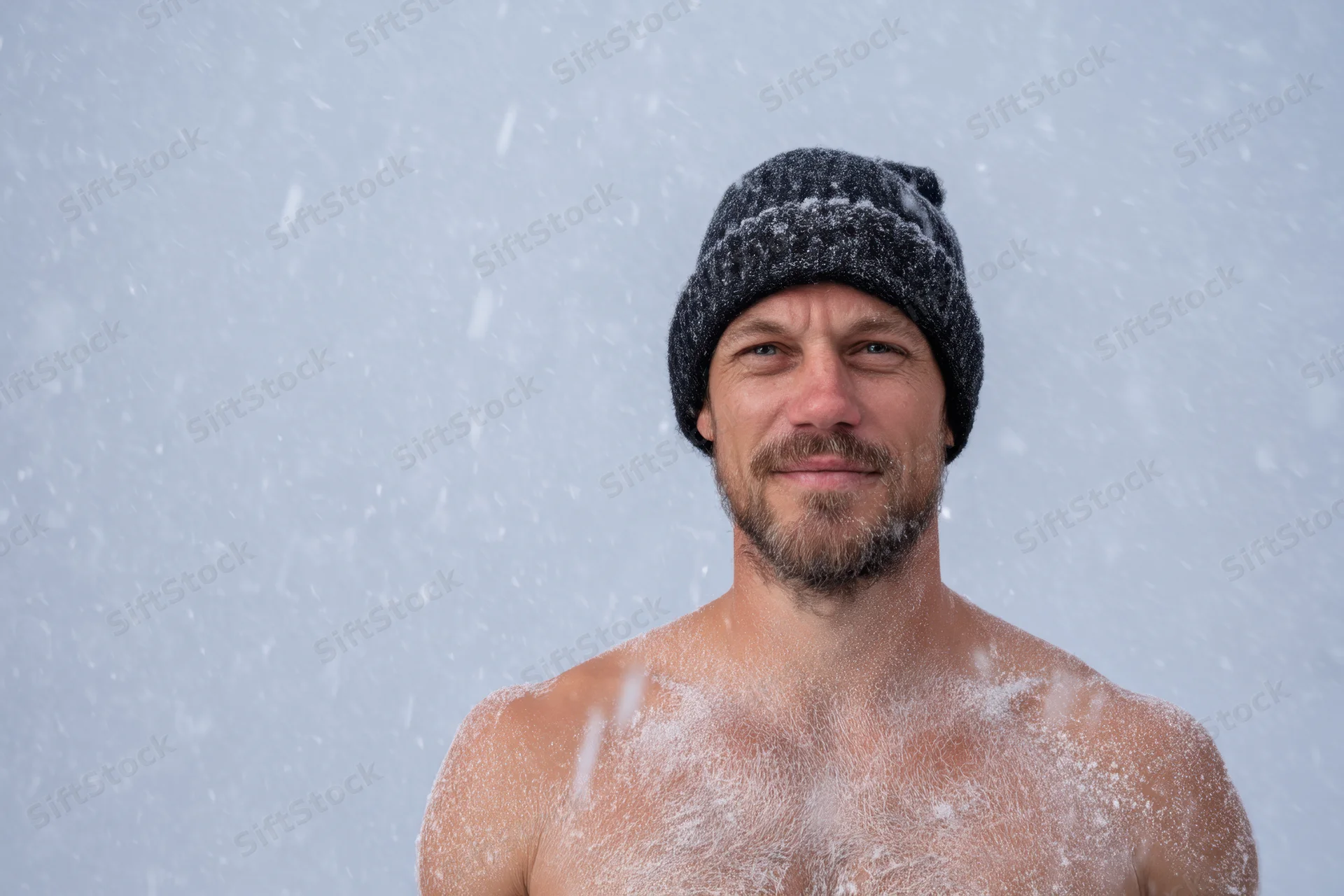 Man standing shirtless in heavy snowstorm with snow on his bare chest and beanie