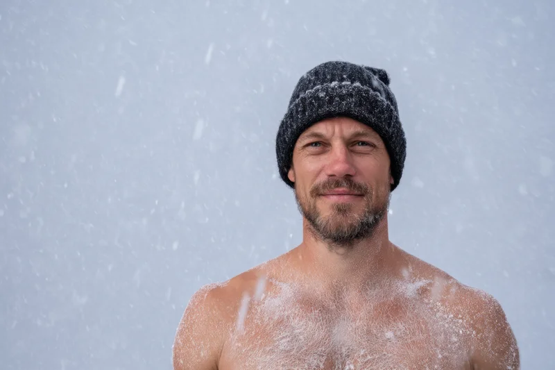 Man standing shirtless in heavy snowstorm with snow on his bare chest and beanie