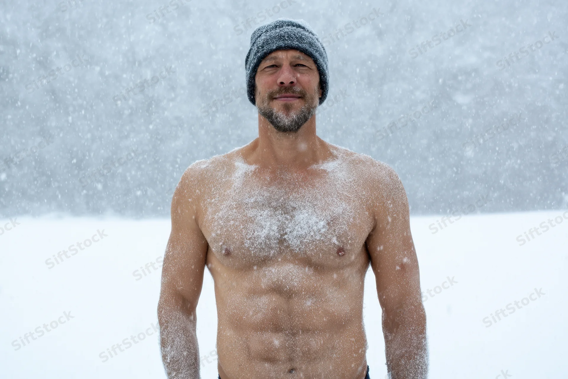 Man standing shirtless in heavy snowstorm with snow on his bare chest and face