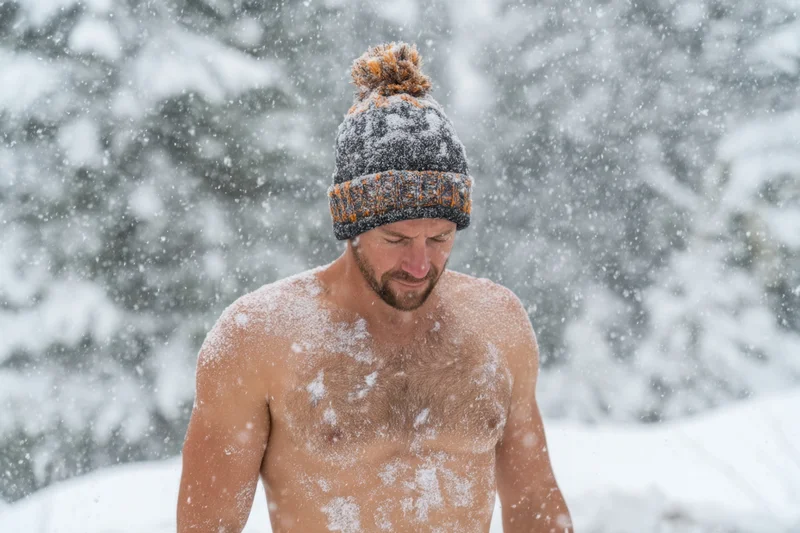 Shirtless man standing in heavy snowstorm with snow on his bare chest and knit hat, surrounded by snow-covered trees