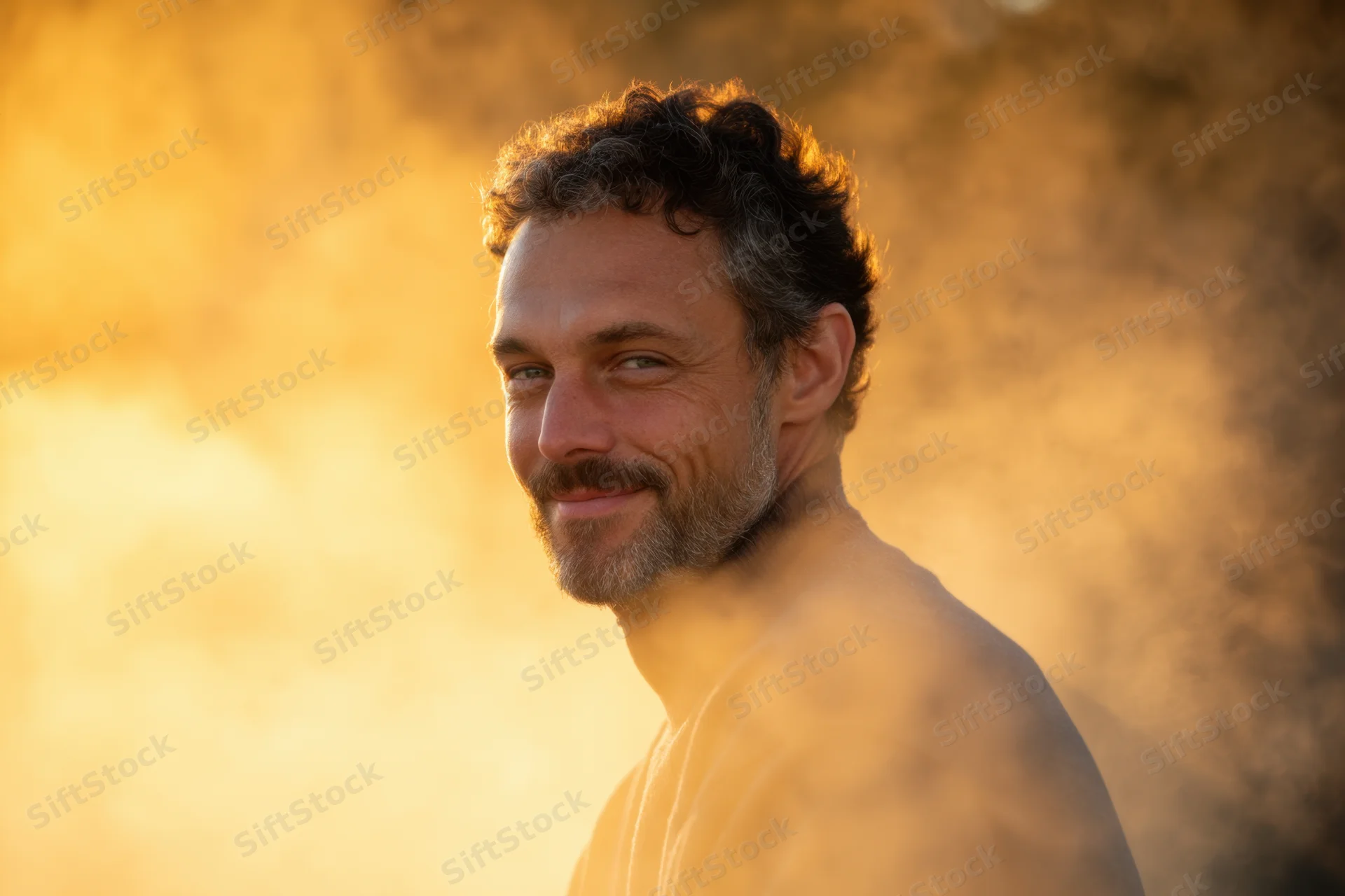 Man smiling in warm golden light with steam and haze around him outdoors