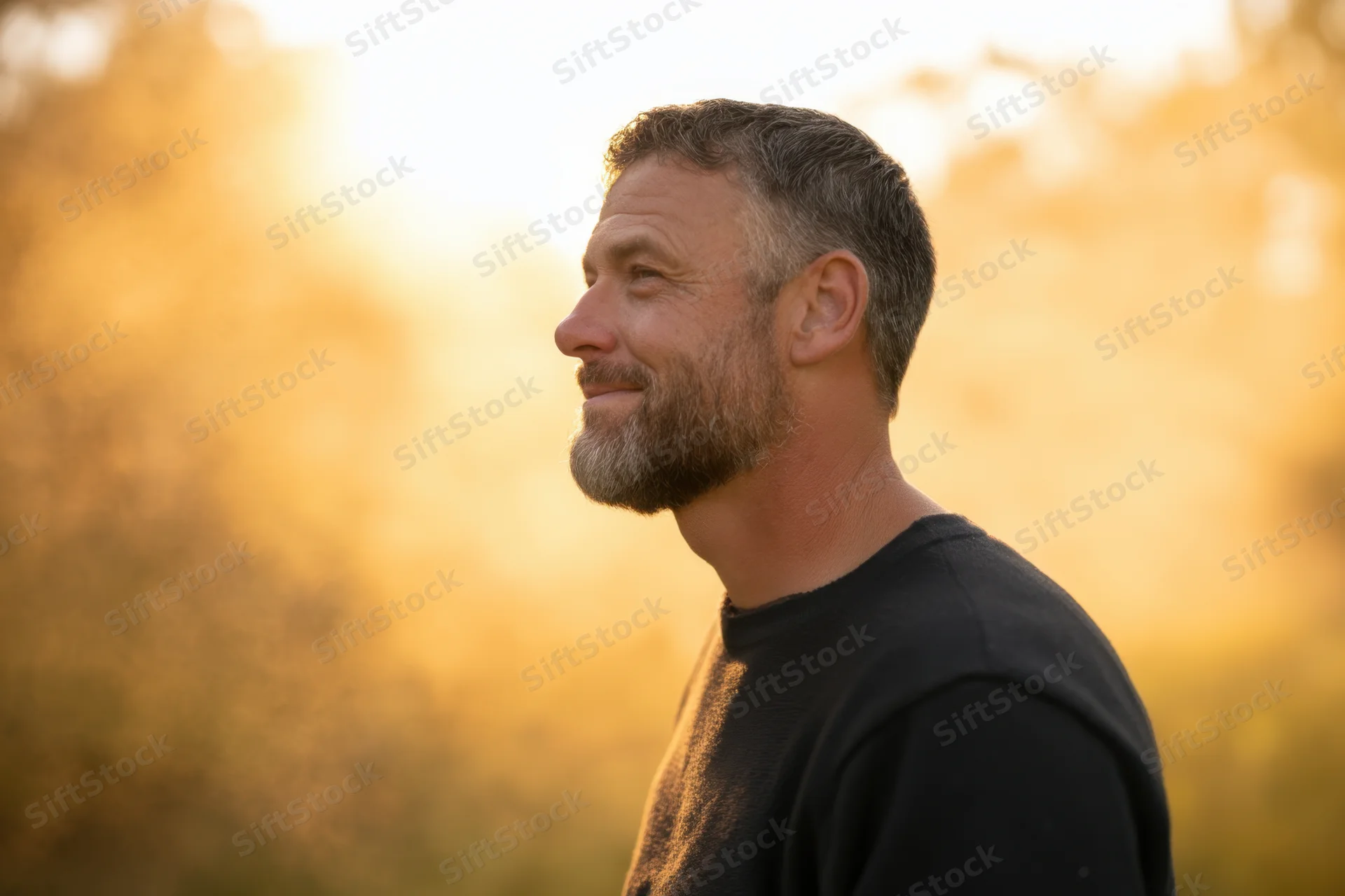 Man with beard smiling in profile against warm golden sunset outdoors