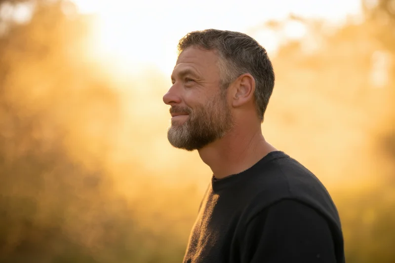 Man with beard smiling in profile against warm golden sunset outdoors