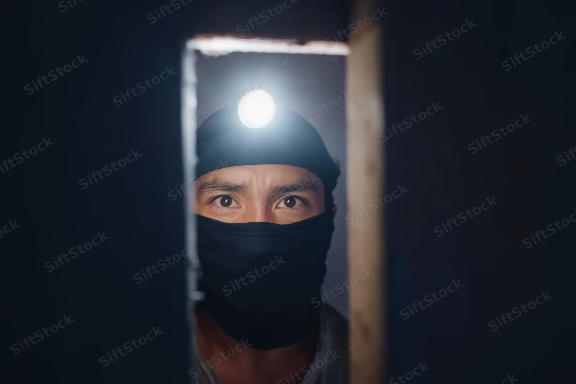Man with headlamp and black face covering peering through narrow opening in dark environment