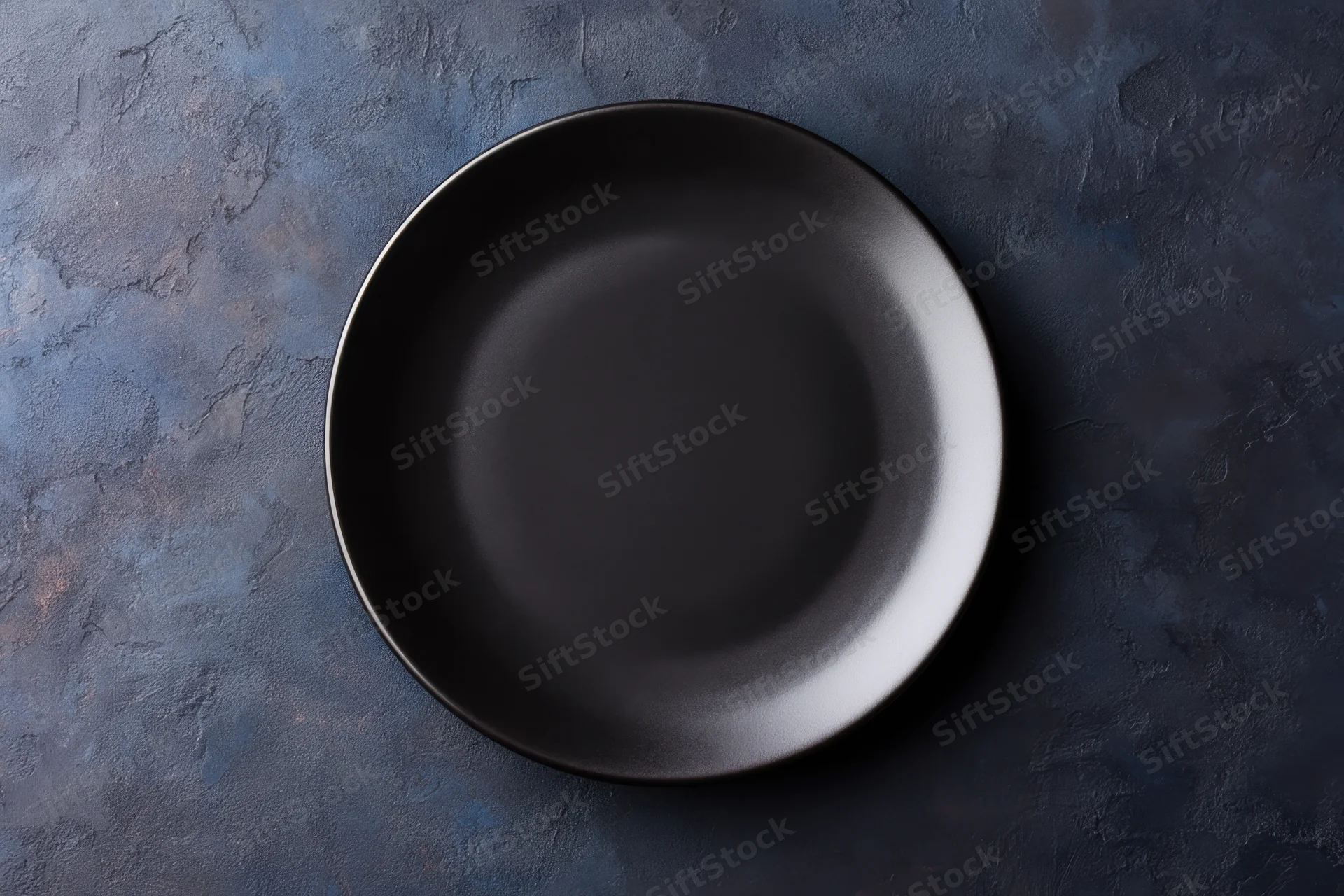 Black ceramic plate centered on dark textured surface with copyspace for text or design