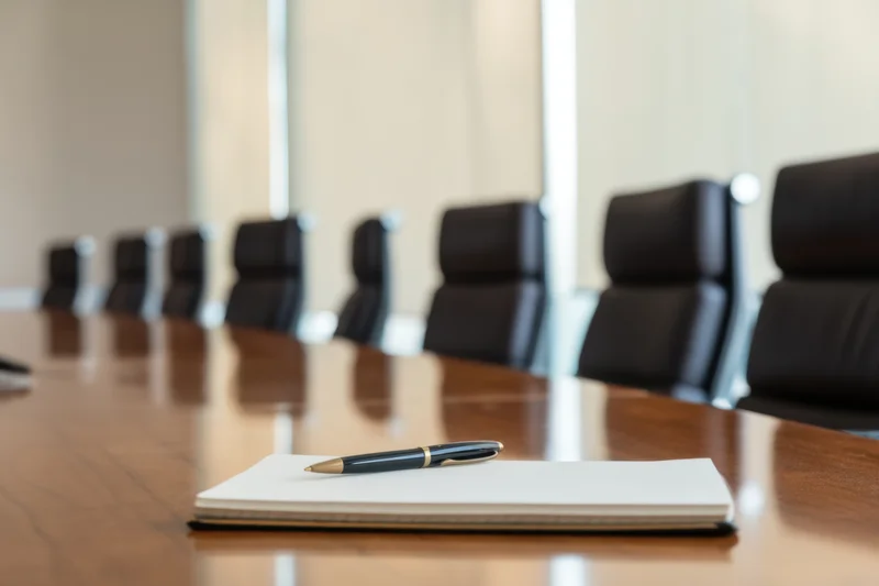 Polished wooden conference table with notebook and pen in foreground, surrounded by black leather chairs in a modern office boardroom