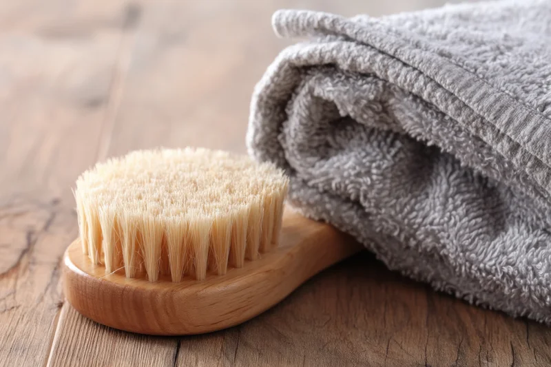 Wooden bath brush with soft bristles lying next to a folded gray towel on a wooden surface