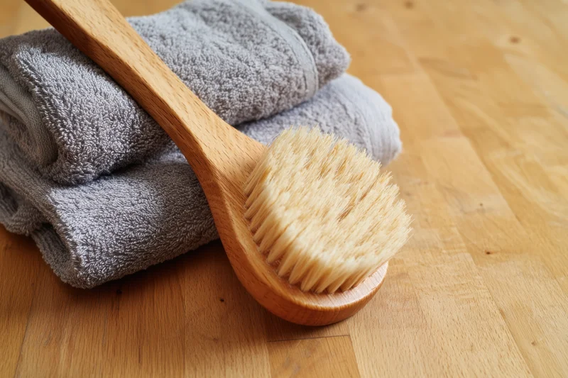 Wooden bath brush with soft bristles resting on folded gray towels on a light wood floor
