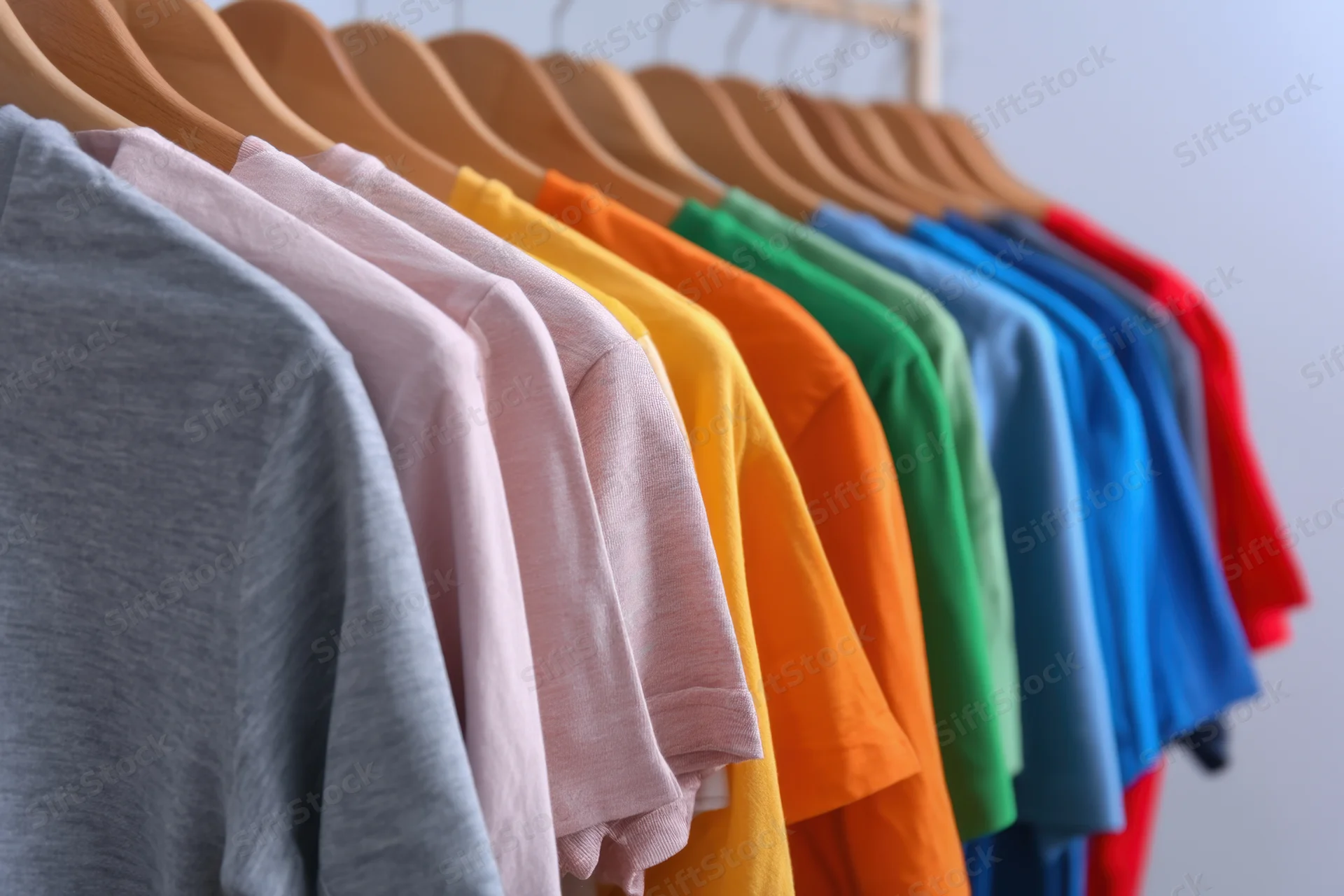 Colorful t-shirts arranged in a row on wooden hangers on a rack