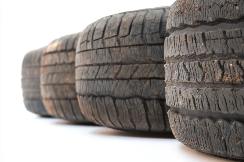 Row of worn tires showing tread pattern and damage on white background