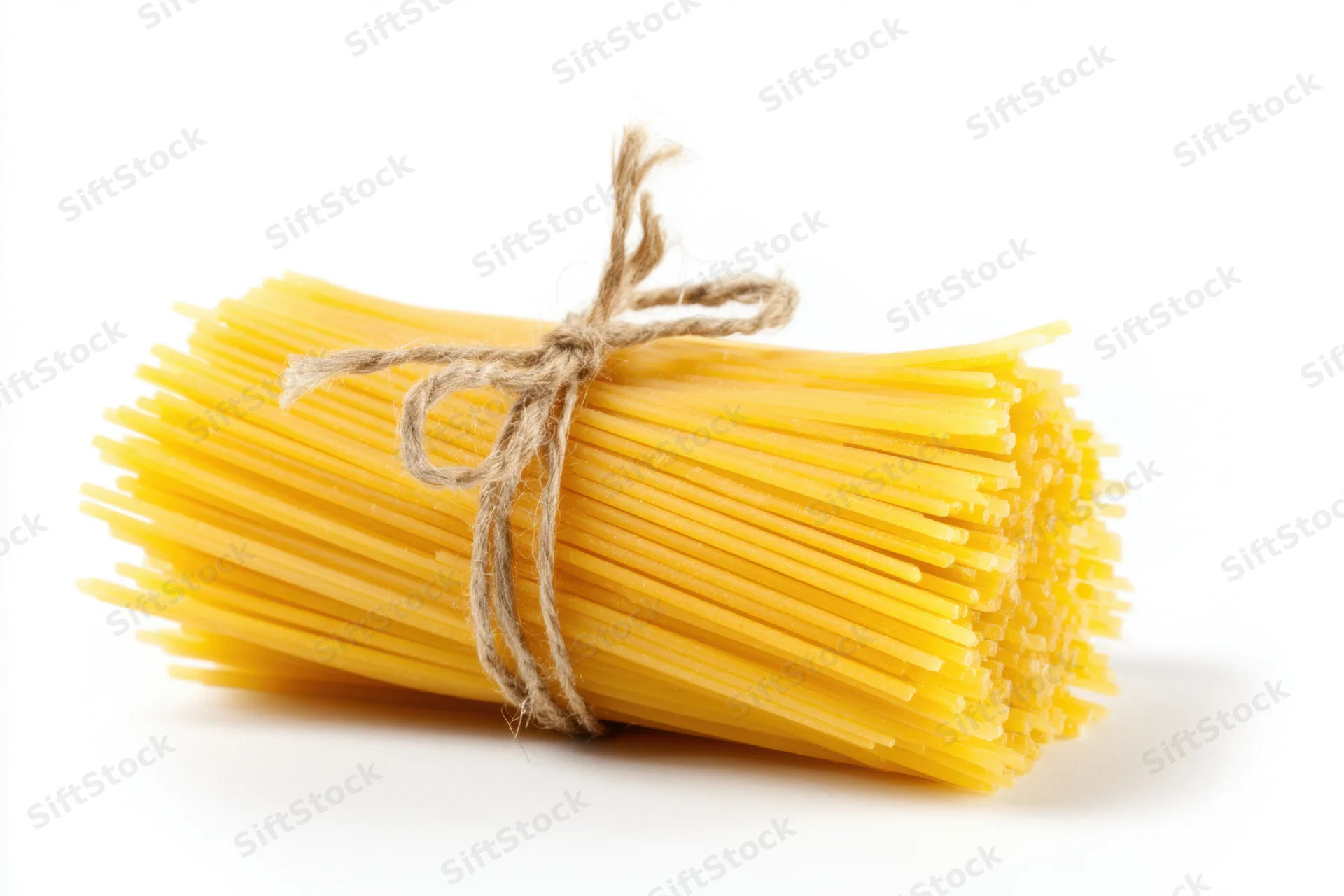 Bundle of uncooked yellow spaghetti tied with twine on white background