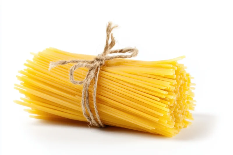 Bundle of uncooked yellow spaghetti tied with twine on white background