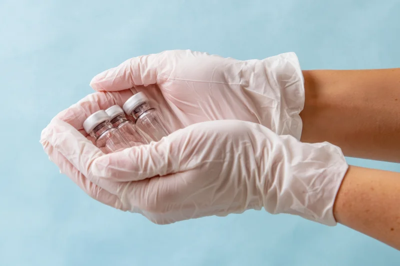 Gloved hands holding vaccine vials against a blue background