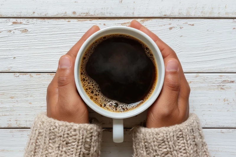 Hands holding a steaming cup of black coffee on a white wooden table