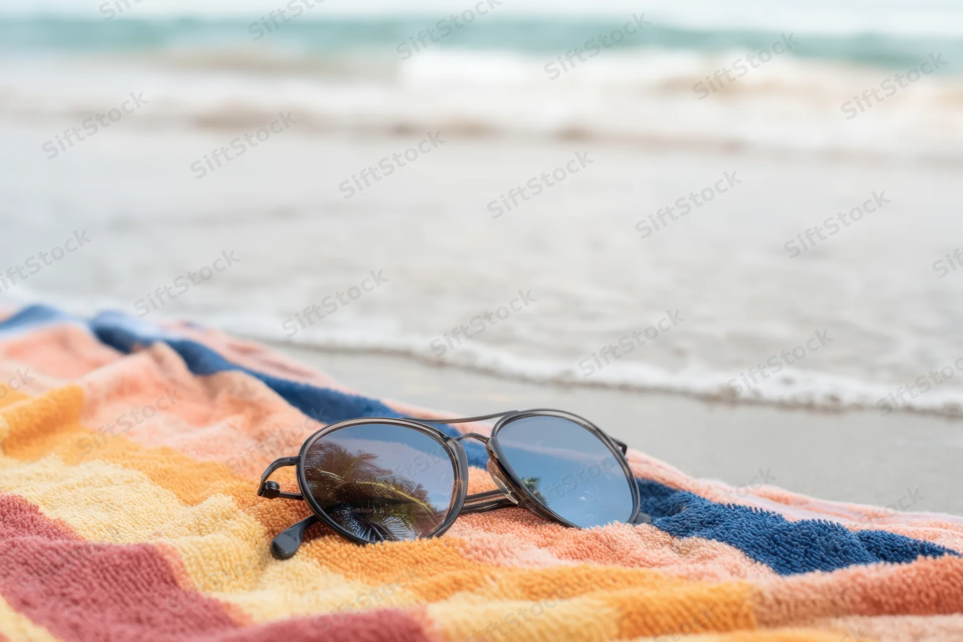 Sunglasses resting on a colorful striped towel at the beach near the ocean waves