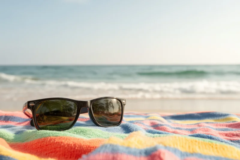 Sunglasses resting on a colorful striped towel at the beach with ocean waves in the background