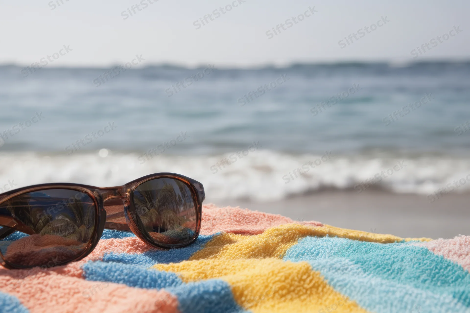 Sunglasses resting on a colorful striped beach towel by the ocean shore