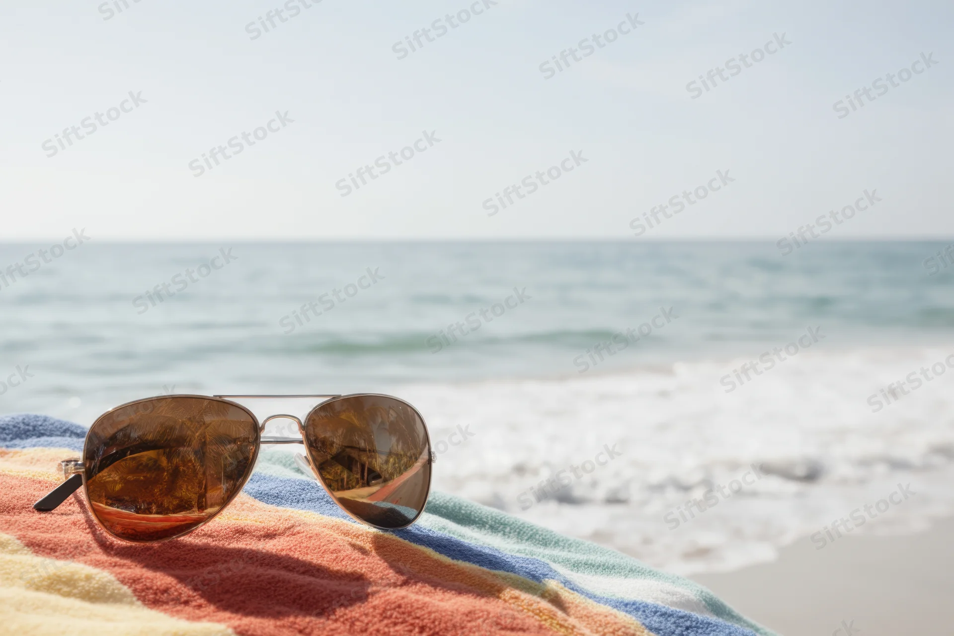 Aviator sunglasses resting on a colorful striped beach towel by the ocean