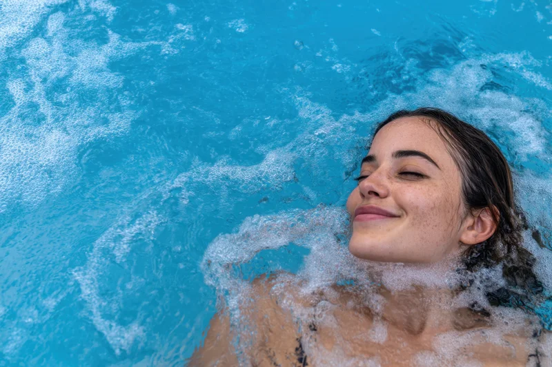 Woman relaxing in a hot tub with water and bubbles around her