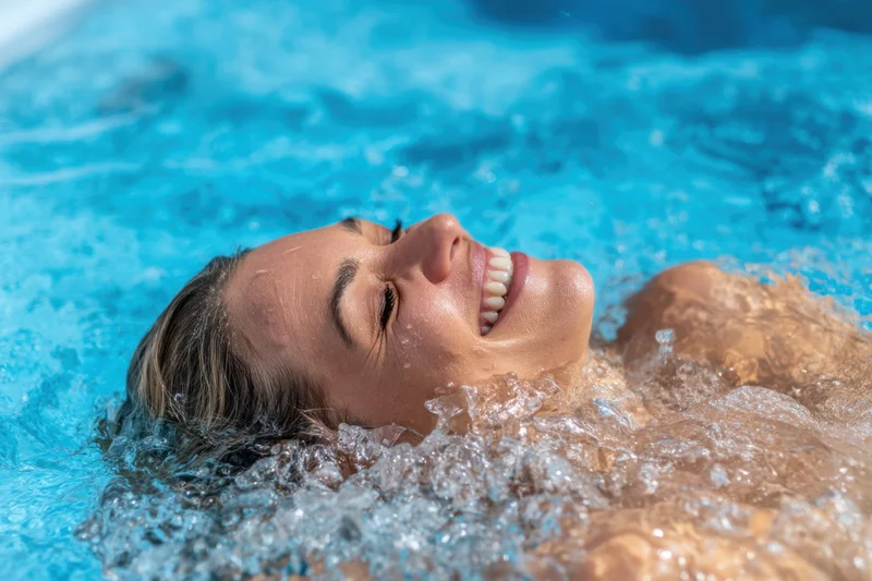 Woman laughing with eyes closed while floating in a hot tub with bubbling water