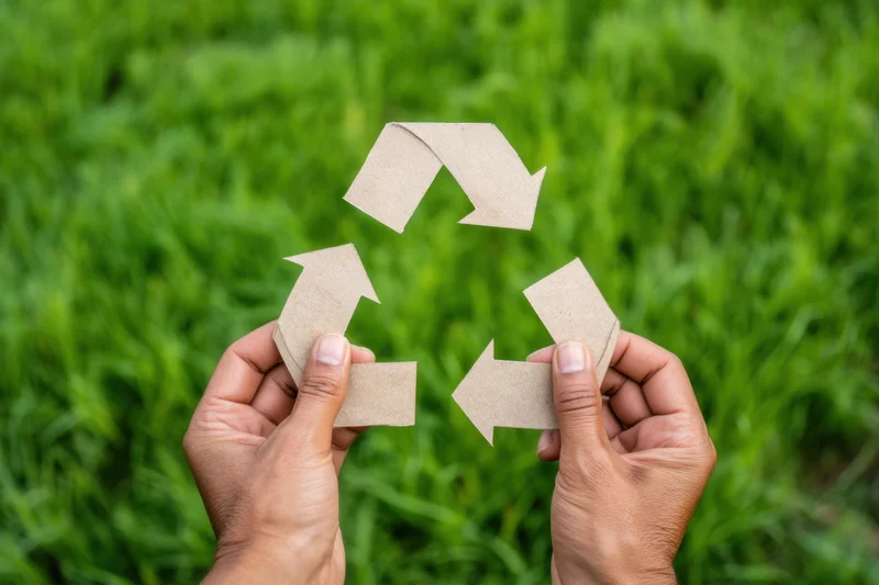 Hands holding a paper recycling symbol against a green grass background