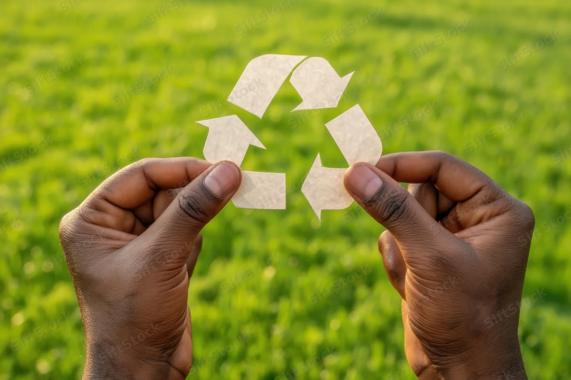Hands holding a paper recycling symbol against a green grass background