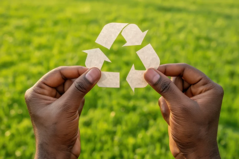 Hands holding a paper recycling symbol against a green grass background