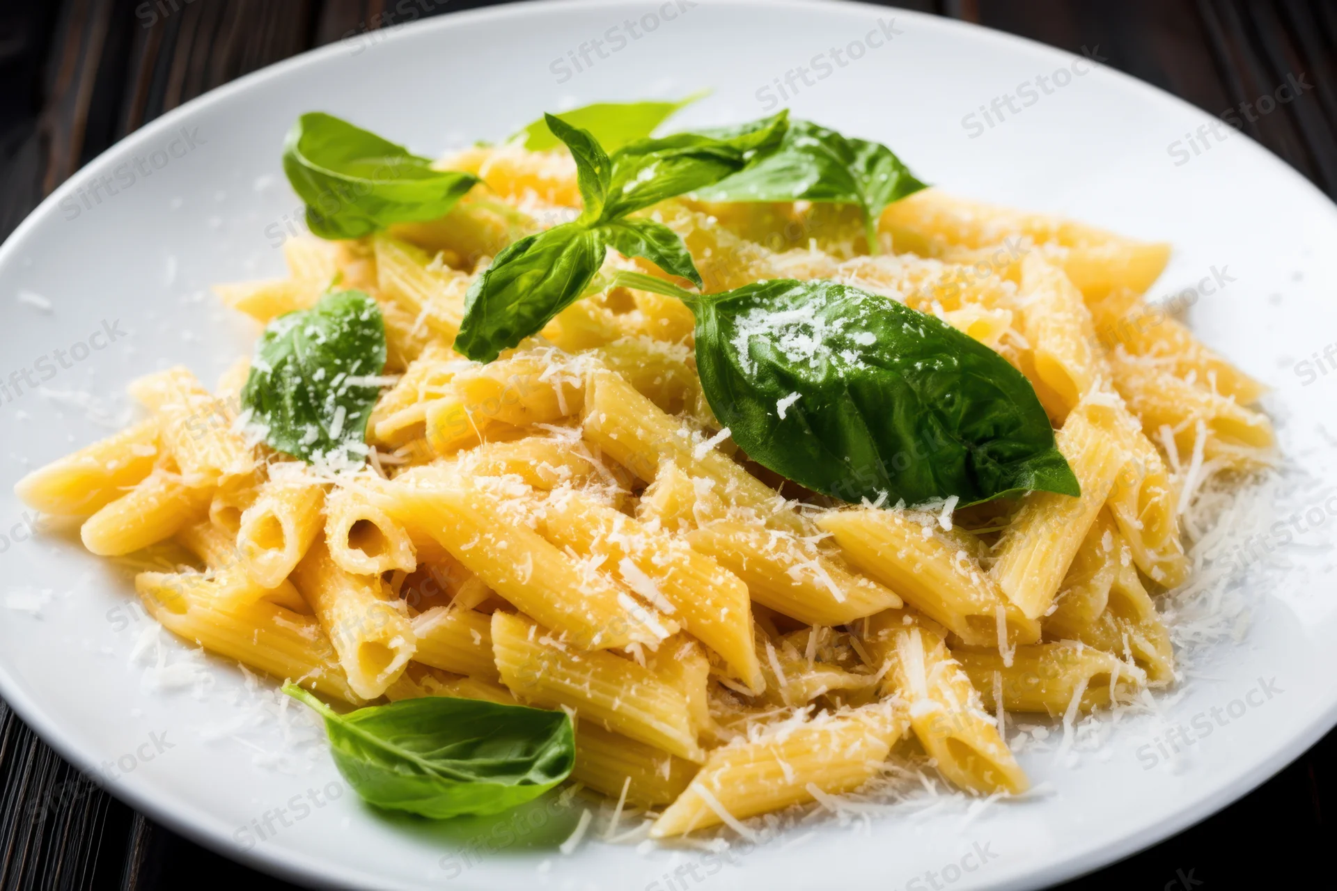 Penne pasta garnished with fresh basil leaves and grated parmesan on a white plate