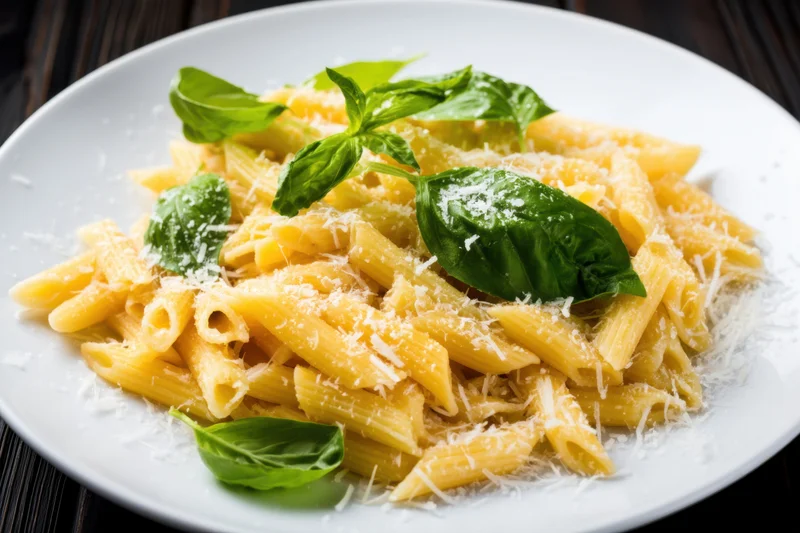 Penne pasta garnished with fresh basil leaves and grated parmesan on a white plate