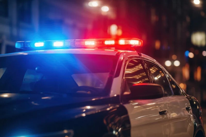 Police car with flashing red and blue lights on city street at night